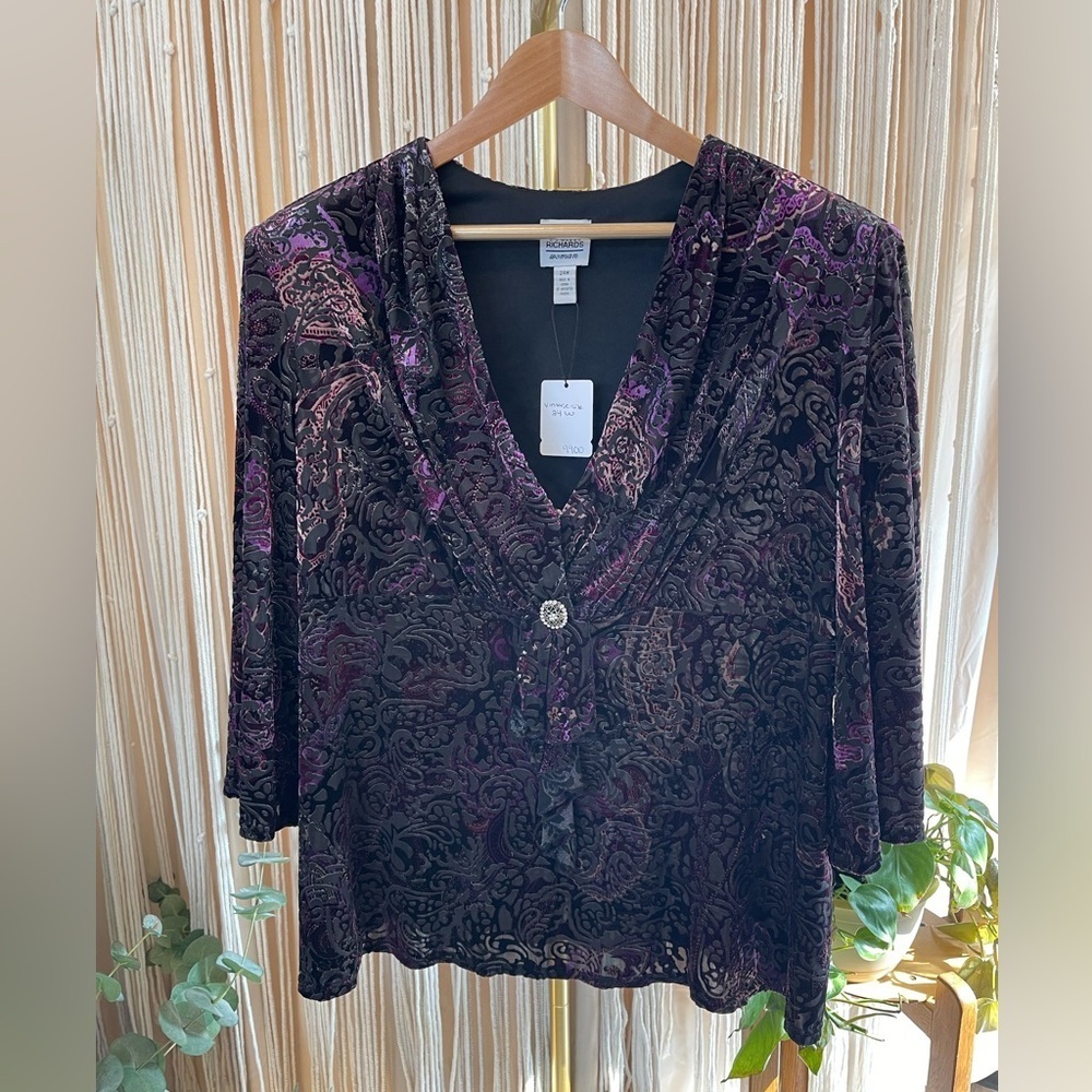 Vintage R & M Richards purple black burnout velvet top v-neck flowy sleeves 24W